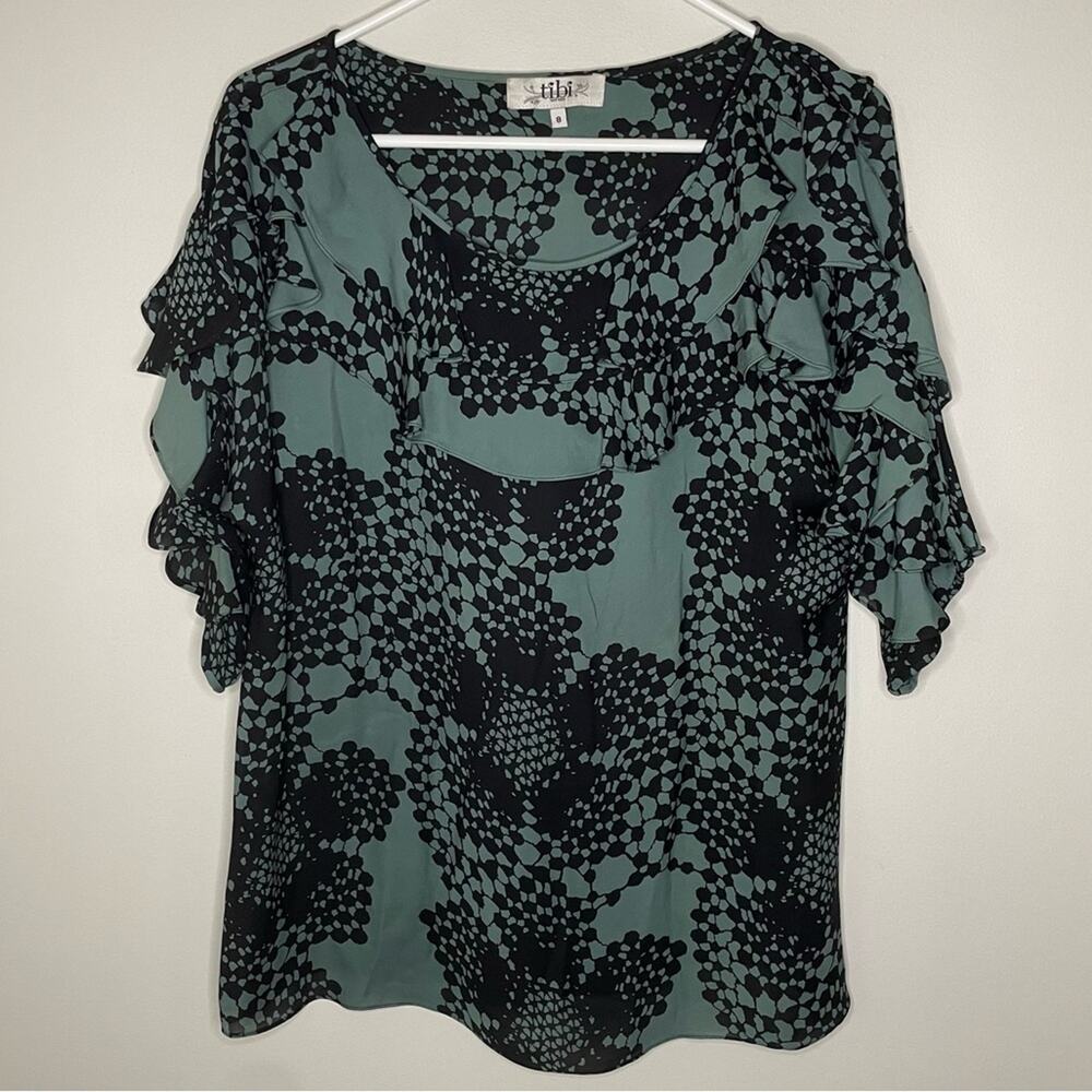 Tibi Lace Print Ruffle Silk Top Size 8